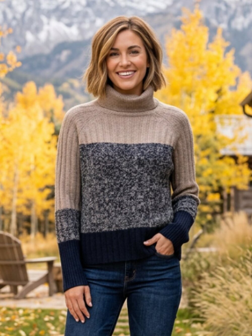 360 Cashmere Zena Turtleneck Navy Tan Colorblock Womens Sweater M